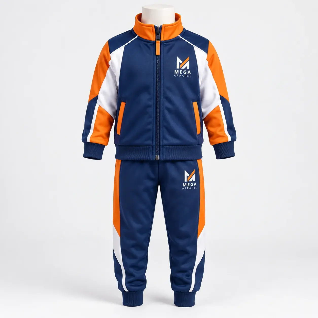 Navy blue kids tracksuit with bright orange and white color-block panels, zip-up jacket, matching joggers, and Mega Apparel logos on the chest and pants.